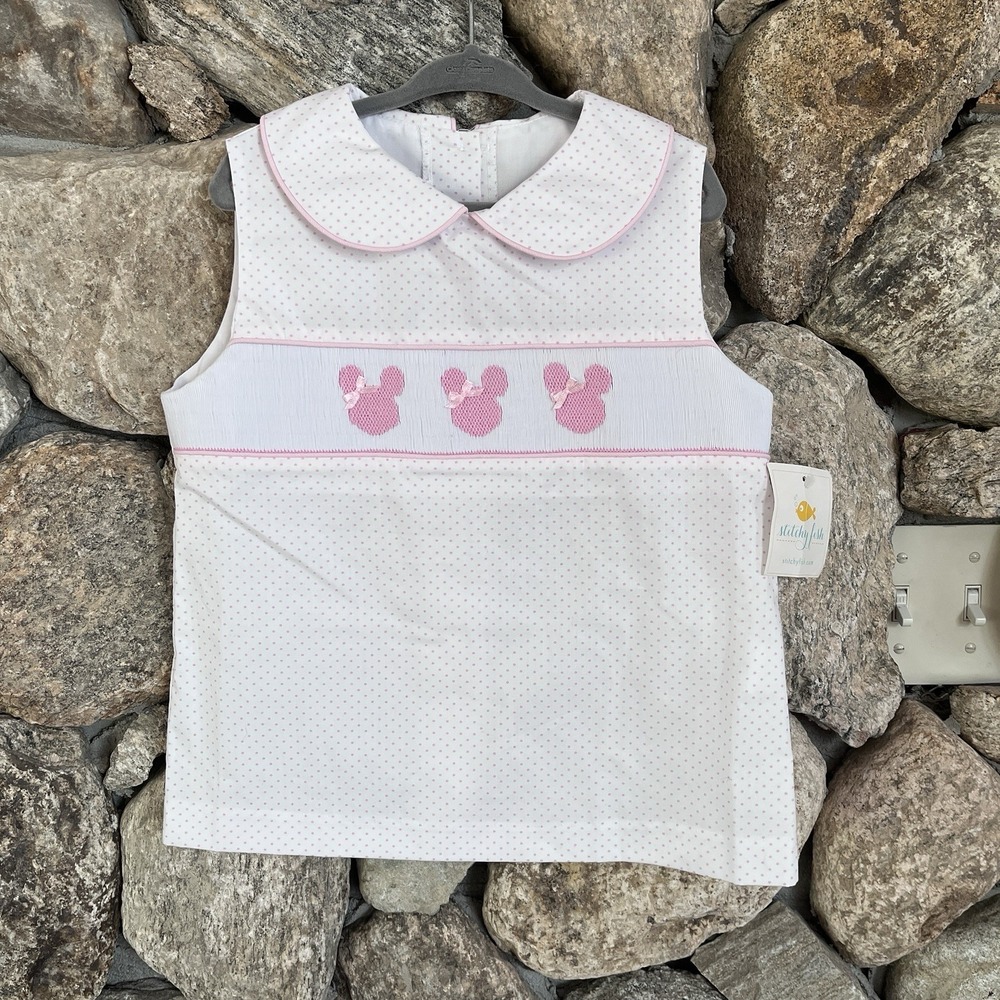Stitchy Fish Girls Smocked Embroidered Minnie Mouse Pink Polka Dot Top Sz 5